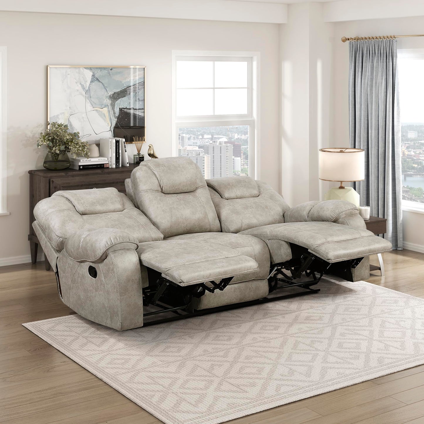 Lexicon Manual Double Reclining Sofa, Polished Microfiber Wall Hugger 3 Seater Manual Tab Pull Sofa Recliner for Living Room, Pillow Top Armrest, Padded Headrest, Easy Assembly, Pewter