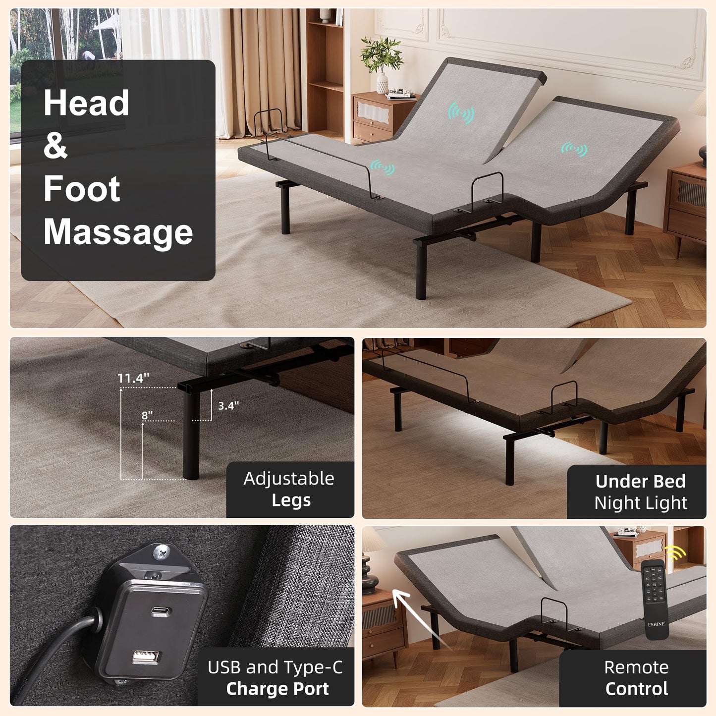 ESHINE Adjustable Bed Frame Smart Bed Split Top King - Electric Upholstered Bed Base with Massage, Wireless Remote, Ergonomic Foot&Head Incline, Zero Gravity, Dual USB Ports, Under Bed Light, Grey