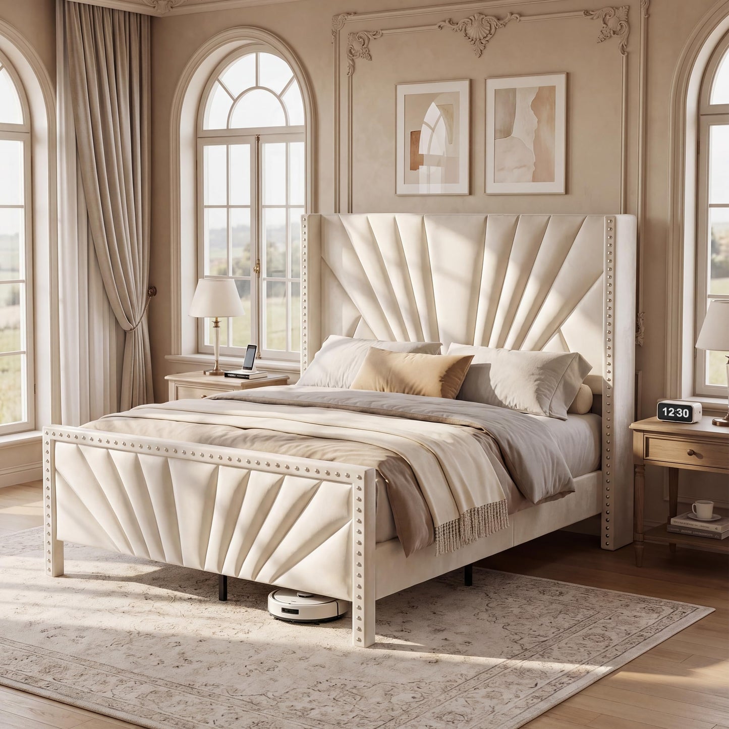 Narolabo Queen Size Bed Frame with 55" Tall Wingback Headboard, Velvet Upholstered Platform Bed, Sturdy Wood Slat Support, No Box Spring Needed, Noise-Free, Easy Assembly, Cream White