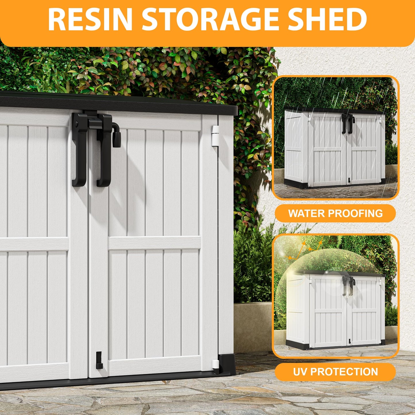 LHBcraft Outdoor Storage Cabinet 36 Cu Ft with Lockable Doors, Portable Horizontal Resin Storage Shed - Easy to Assemble, Waterproof Small Storage Shed with Floor