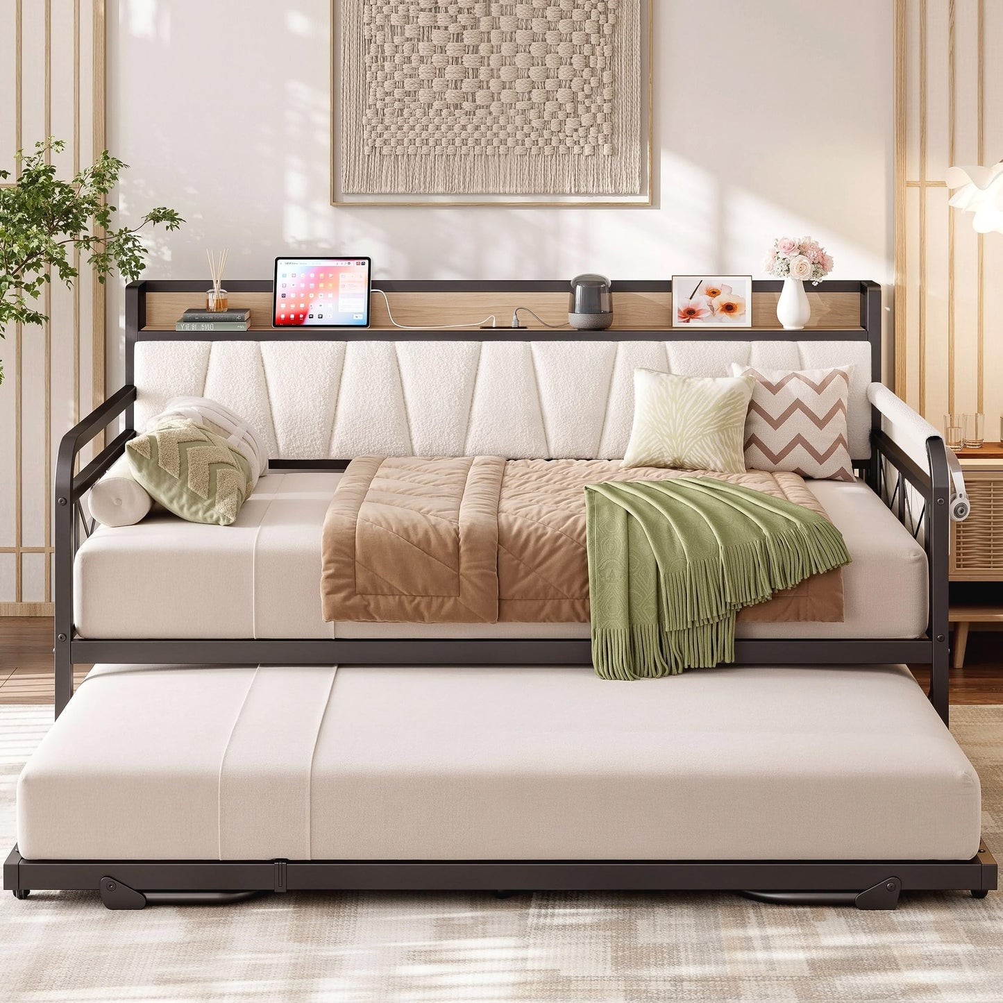 LIKIMIO Twin Daybed, Day Bed with Trundle, Storage Boucle Upholstered Headboard and Charging Station, Trundle Bed with Strong Supports for Living Room, Bedroom, and Guest Room, Cream