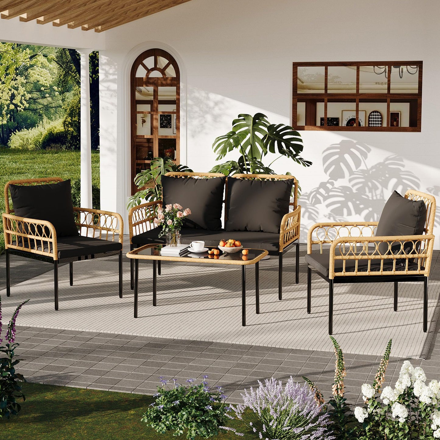 GarveeLife 4 Pieces Patio Furniture Sets Wicker Outdoor Patio Table and Chairs Set with Glass Side Table, Loveseat Chairs, Boho Rattan Conversation Sets for Apartment, Bistro, Backyard, Porch, Black