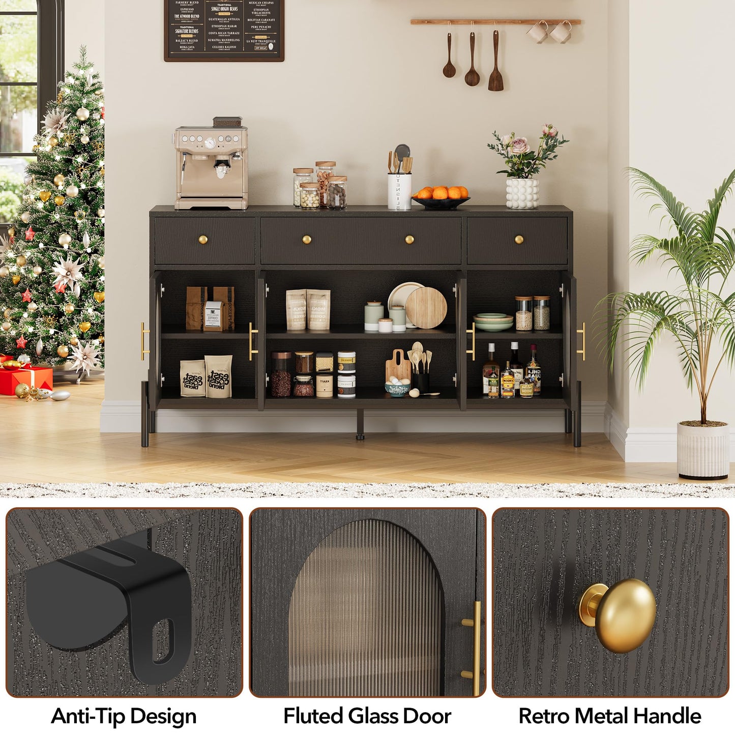 MERXENG 62 in Sideboard Buffet Cabinet with 4 Doors & 3 Drawers, Modern Storage Cabinet with Adjustable Shelves, Accent Buffet Table Coffee Bar for Kitchen, Living Room, Black