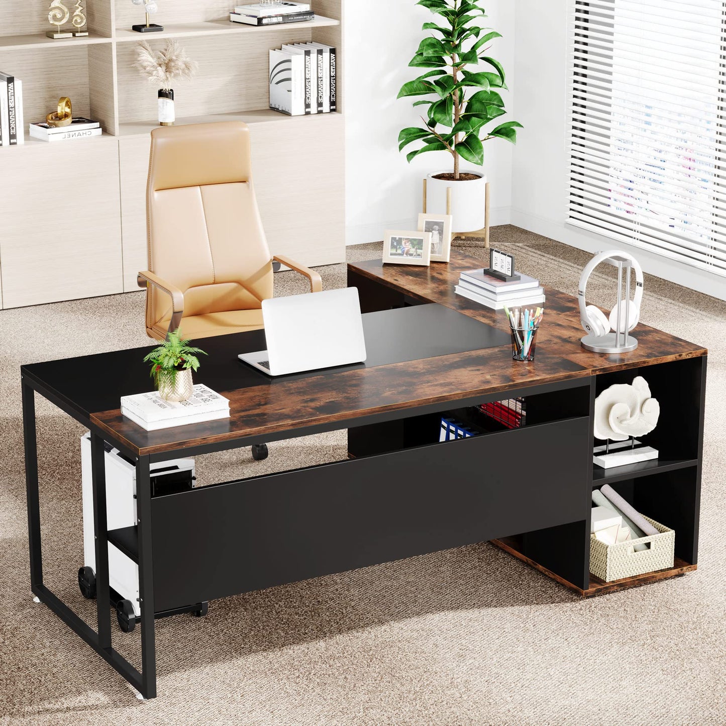 Tribesigns 71 inch Executive Desk, L Shaped Desk with Cabinet Storage, Executive Office Desk with Shelves, Business Furniture Workstation for Home Office, Brown and Black