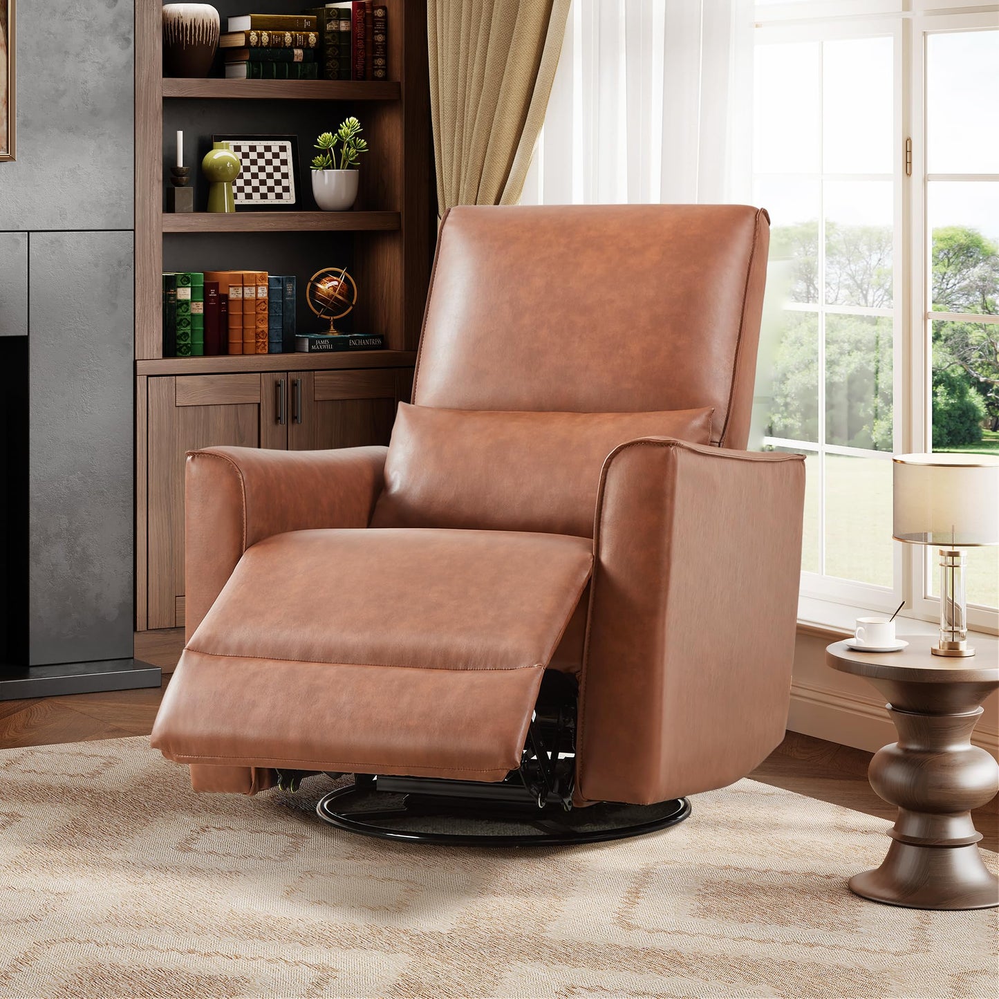 360° Swivel Glider Recliner Chair with Lumbar Support - Ergonomic PU Leather Manual Rocking Chair for Nursery, Living Room, Bedroom, Home Office
