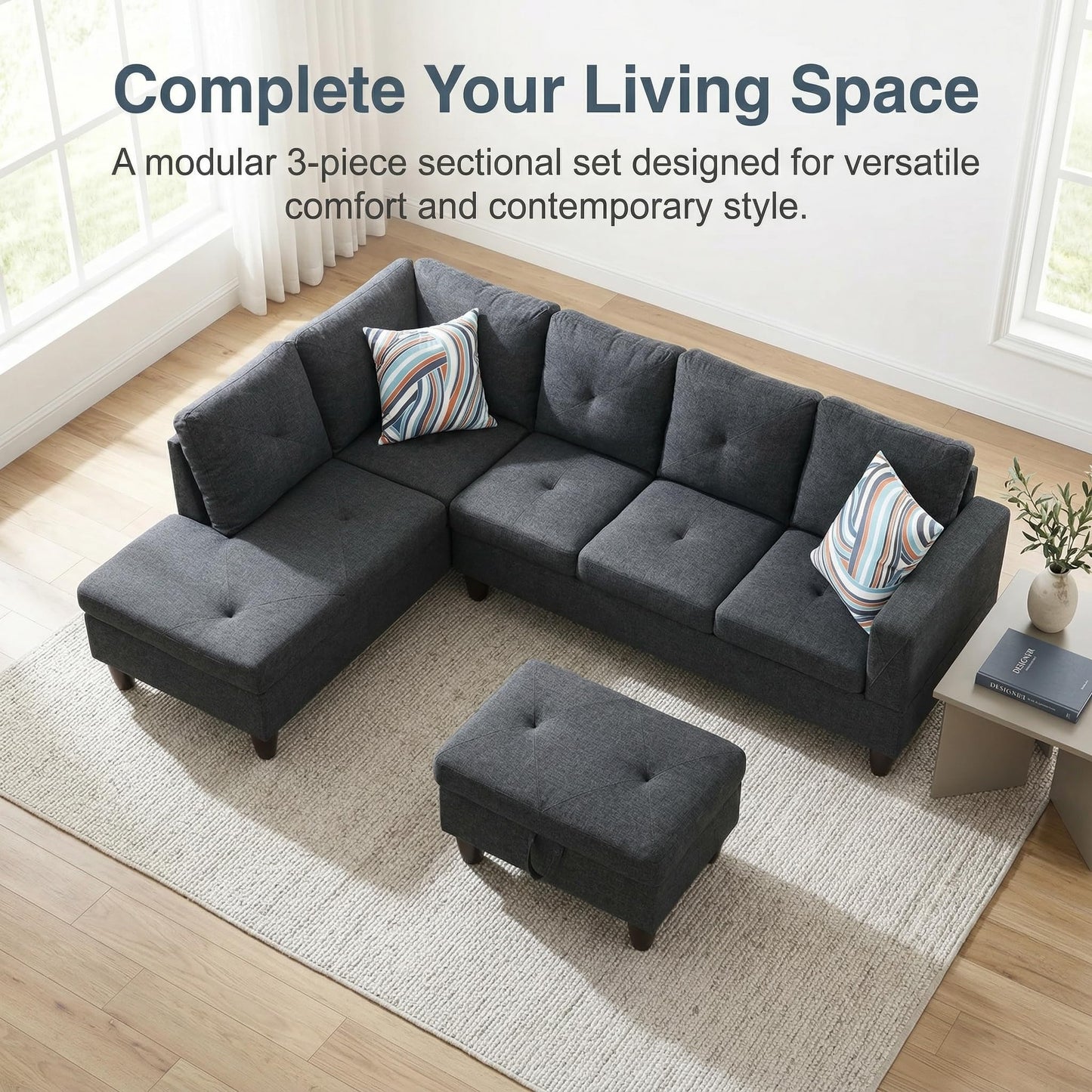 NicBex Sectional Couch 3 Pieces Sofa Set, L-Shaped Modular Couches for Living Room, Furniture Sets with Lounge Chaise & Storage Ottoman, Multi-Scene Use for Apartment & Office, Black Grey