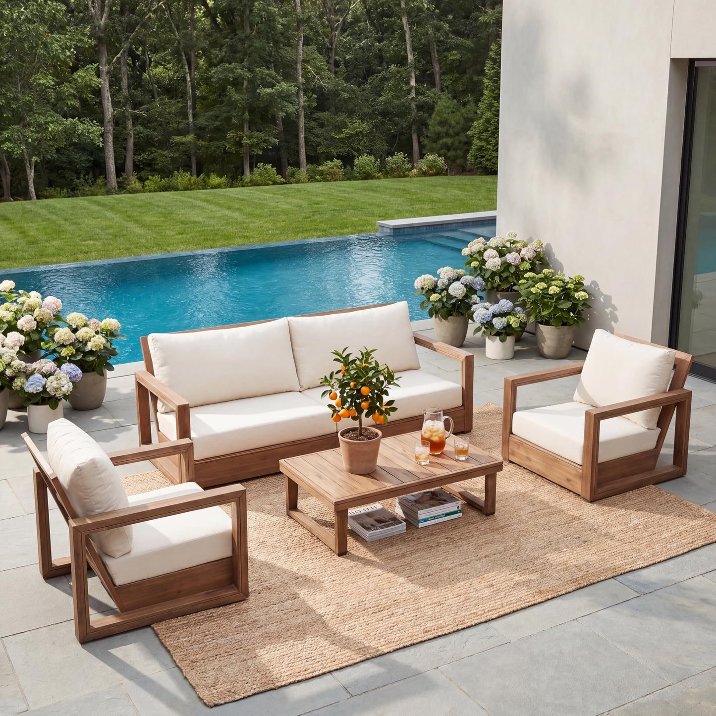 Christopher Knight Home 4-Piece Patio Furniture Set, Outdoor Acacia Wood 3-Seater Patio Sofa Set with 2 Swivel Rocking Chairs & Coffee Table, Deep Seating Patio Set for Porch Deck Garden, Brown+Beige