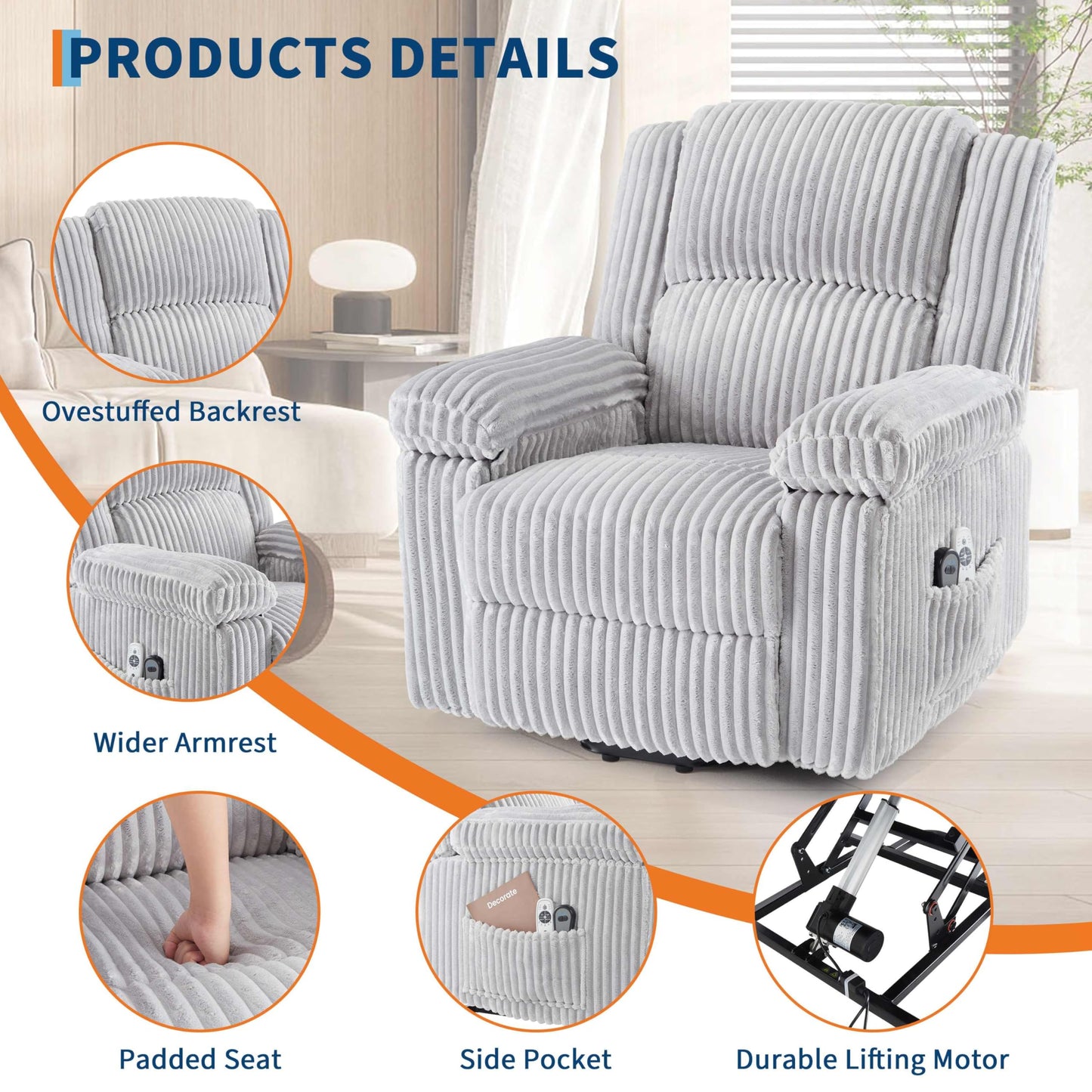 GarveeHome Power Lift Recliner Chair - Heat and Massage, Electric Lift Plush Recliner with Soft Padded Seat, Back Support & Armrests, Designed for the Elderly and People with Mobility impaired