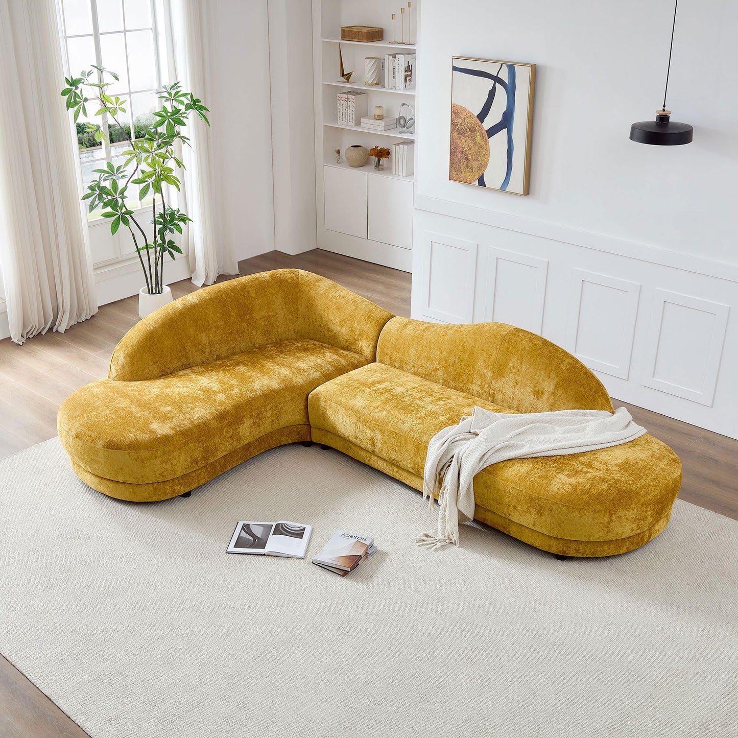 KEIKI 114" Luxury Curved Boucle Sectional Sofa with Left Chaise, Upholstered Mid-Century Oversized 5-Seater Couch with Thickened Seat Cushion, No Assembly Required, for Apartment, Living Room, Yellow