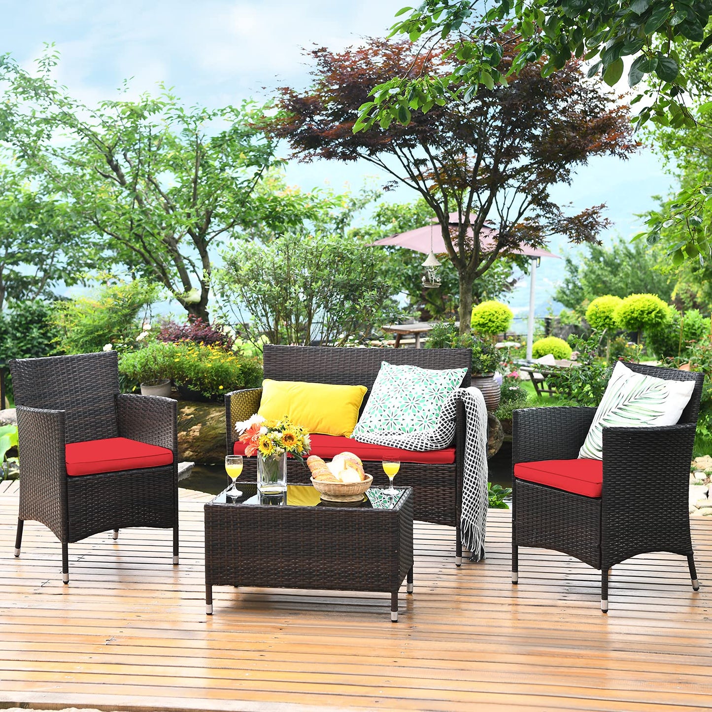 COSTWAY 8PCS Rattan Patio Furniture Set, Outdoor Wicker Rattan Chairs with Coffee Table, Rattan Cushioned Conversation Set for Backyard Balcony Porch Poolside, Red