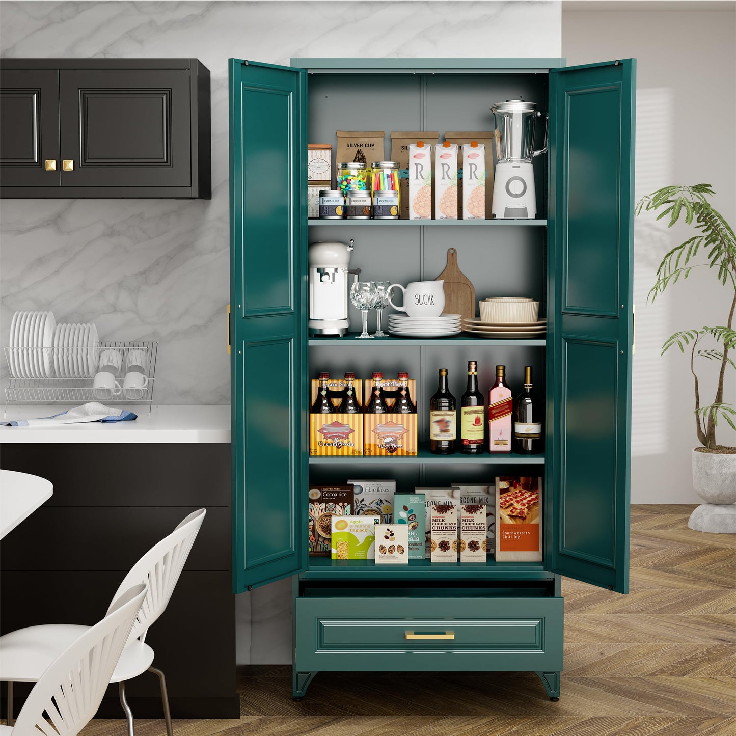 MetalMax 75" Tall Metal Storage Cabinet, Kitchen Pantry Storage Cabinets with Doors and 3 Shelves, Food Pantry Cabinet with Drawer, Utility Kitchen Cupboard, Large Steel Cabinets for Dining, Green