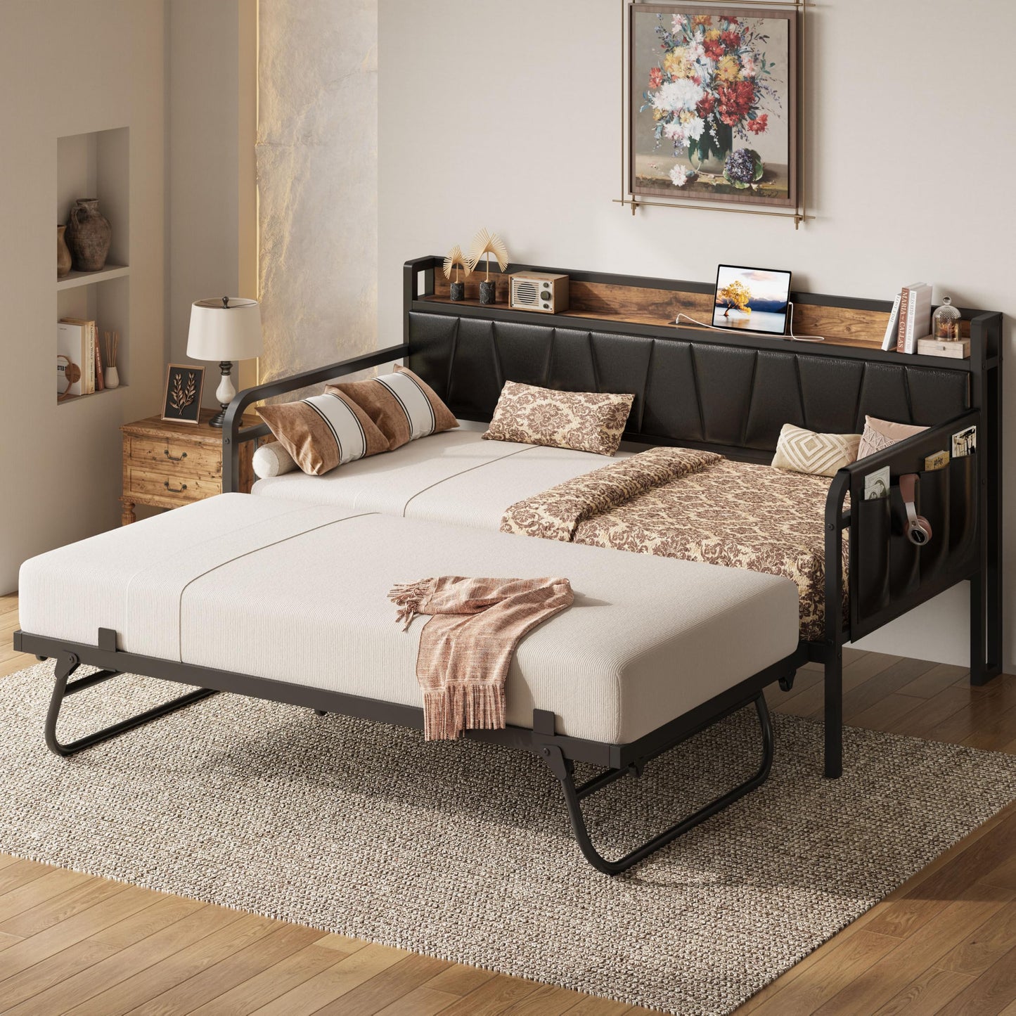 LIKIMIO Twin Daybed, Day Bed with Trundle, Storage Upholstered Headboard and Charging Station, Trundle Bed with Strong Supports for Living Room, Bedroom, and Guest Room, Black