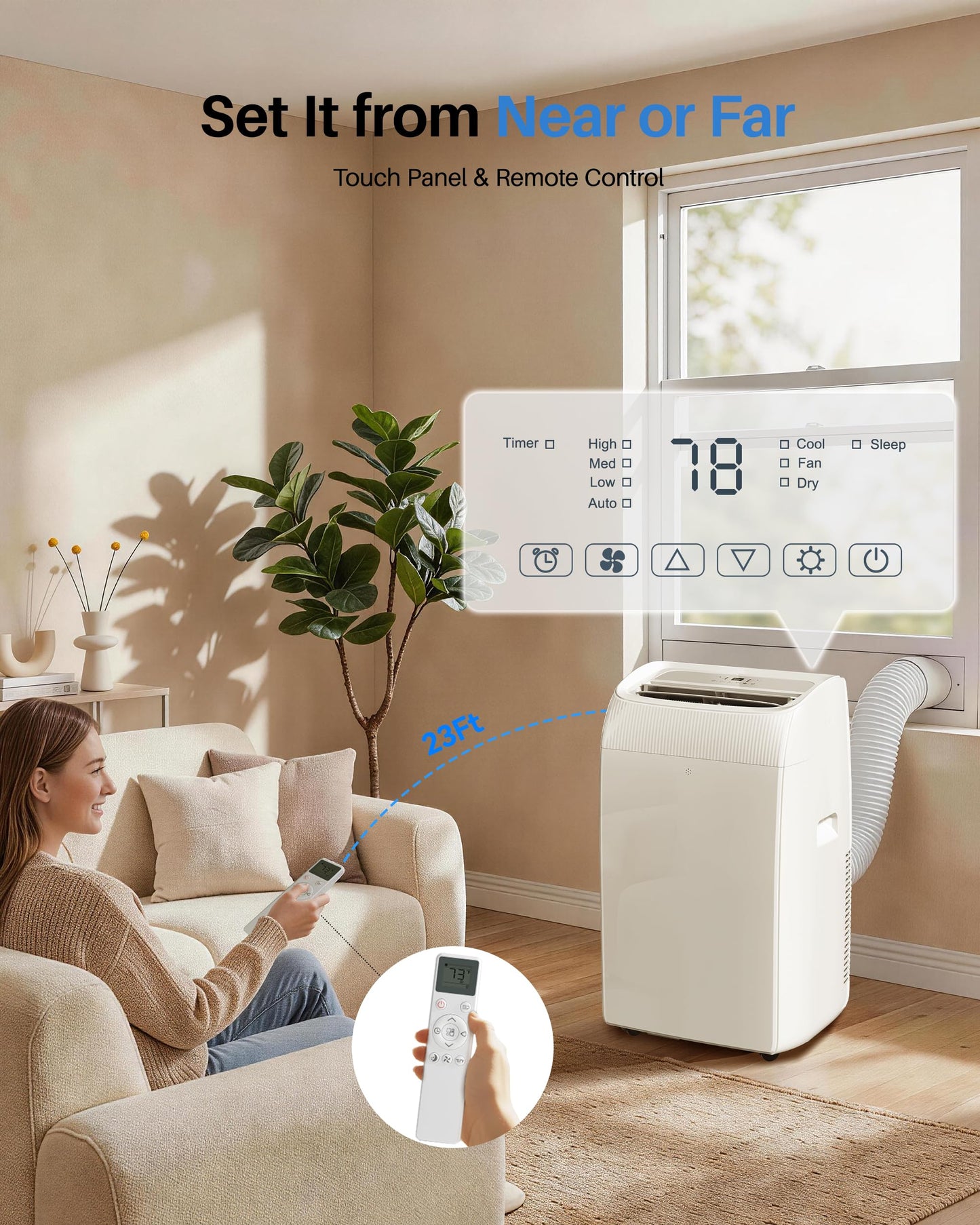 EnerGlow 12000BTU Portable Air Conditioner, 4-in-1 Cools 600 Sq.Ft, Quiet AC Unit with Fan & Dehumidifier, LED Display, Remote, Auto Swing, 24H Timer, Window Kit, for Bedroom/Office/Dorms/Apartment
