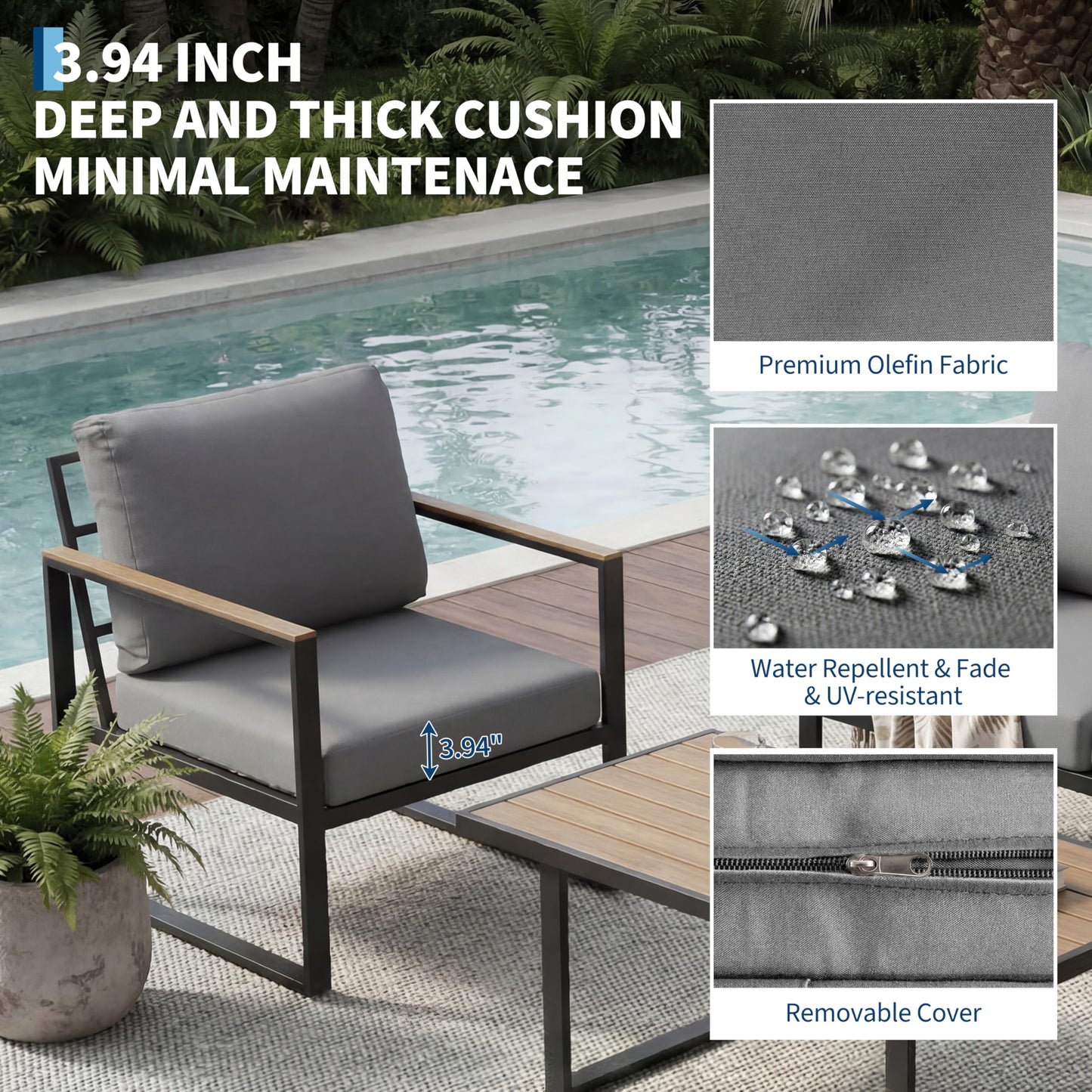 GarveeTech 4-Piece Aluminum Outdoor Sectional Sofa Set with Coffee Table, Patio Furniture Conversation Set for Porch, Poolside & Deck, Washable Thick Cushions (Gray)