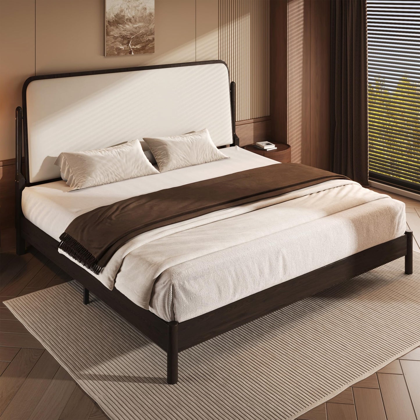 Lifezone Queen Bed Frame with Upholstered Headboard, Solid Wood Bed Frame Queen Size with Ergonomic Design Headboard, Wood Slats Support, Noise-Free, Easy Assembly,No Box Spring Needed, Walnut
