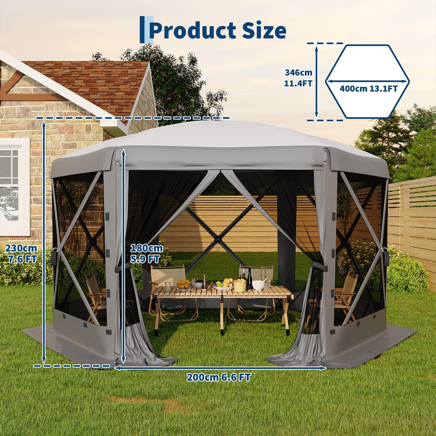 Garvee 13FT Pop-Up Gazebo 6-Sided, Outdoor Canopy Tent with Mosquito Netting & Removable Wind Cloths for Camping, Backyard Parties, Outdoor Events, Grey