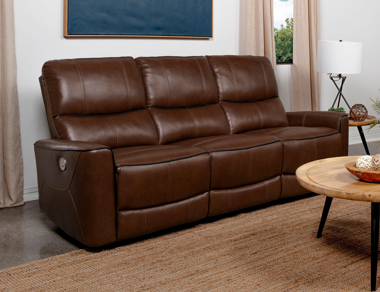 Coaster Home Furnishings - Greenfield - Fabric - Power Reclining Sofa with Built-in USB Port, Tufted Back Cushions, Supportive Seat Cushions - Living Room - 30-Inch - Saddle Brown - 610264P