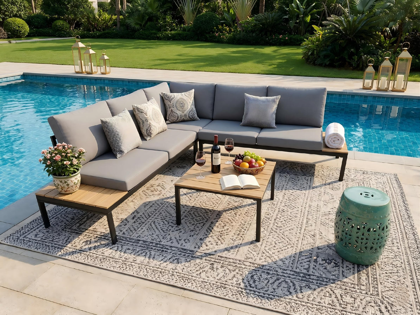 KEIKI 4-Piece L-Shaped Outdoor Patio Furniture Set, Rattan Patio Conversation Set with Coffee Table & 1 Corner Sofa & 2 Double Sofa, Wicker Curved Sectional Sofa Set, for Backyard, Light Gray