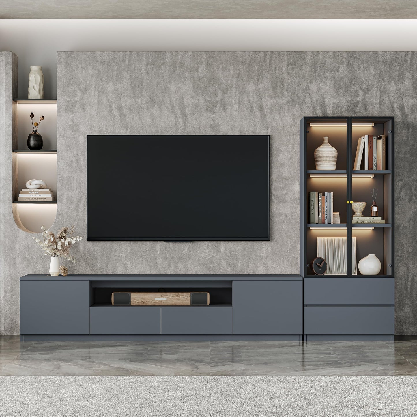ATJafurn Modern Gray Entertainment Center with Bookshelf for 75 inch TV, Included TV Console and Glass Display Cabinet, 2-Piece Media Console with Drawers for Living Room (AB-102 Cabinets Set)