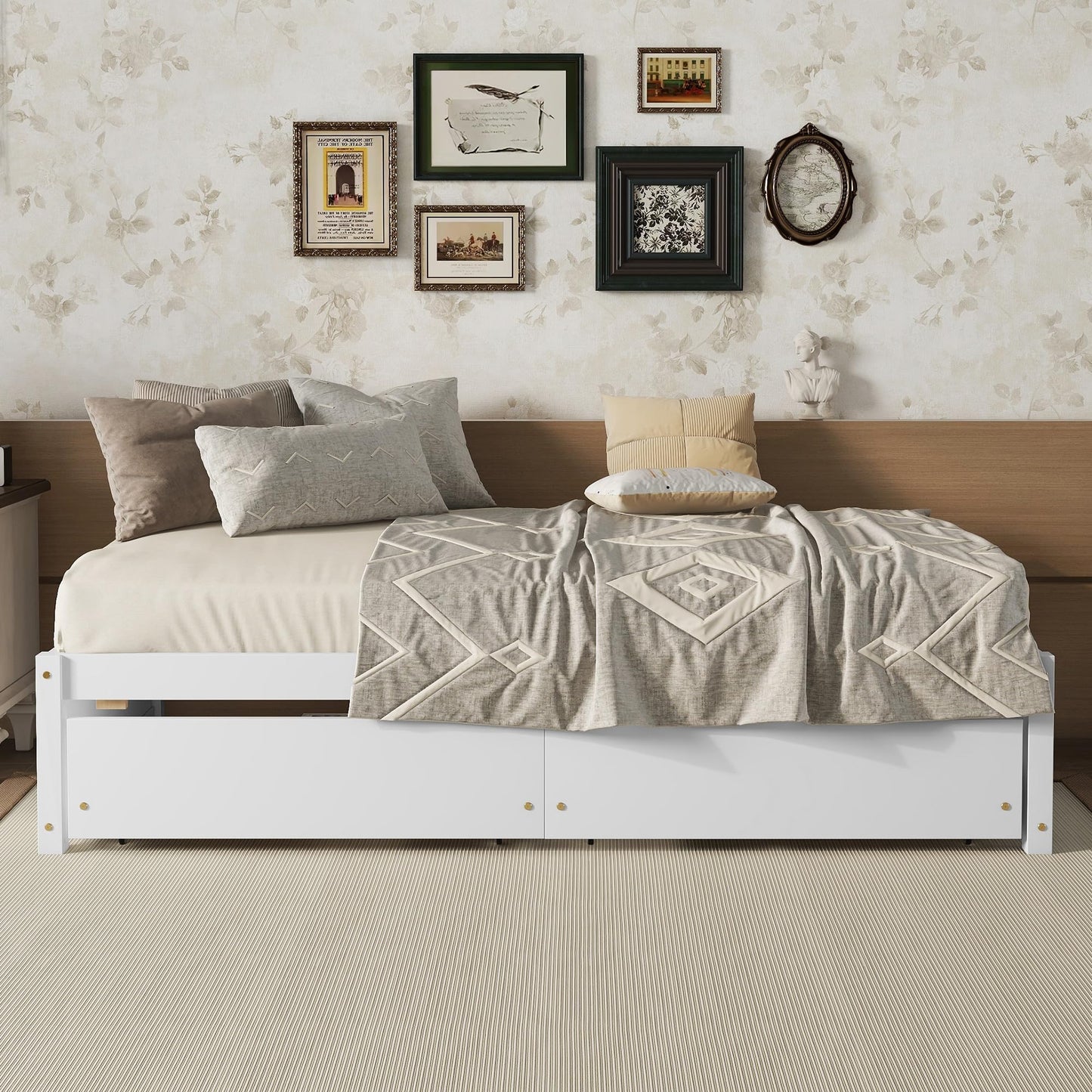 Twin Size Bed Frame with 2 Storage Drawers,Kids Twin Bed with Storage,Twin Bed Frames for Kids, Teens, Adults, Solid Wood Platform Bed,White