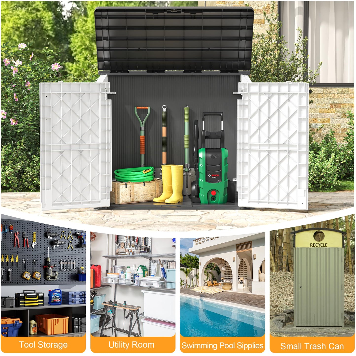LHBcraft Outdoor Storage Cabinet 36 Cu Ft with Lockable Doors, Portable Horizontal Resin Storage Shed - Easy to Assemble, Waterproof Small Storage Shed with Floor