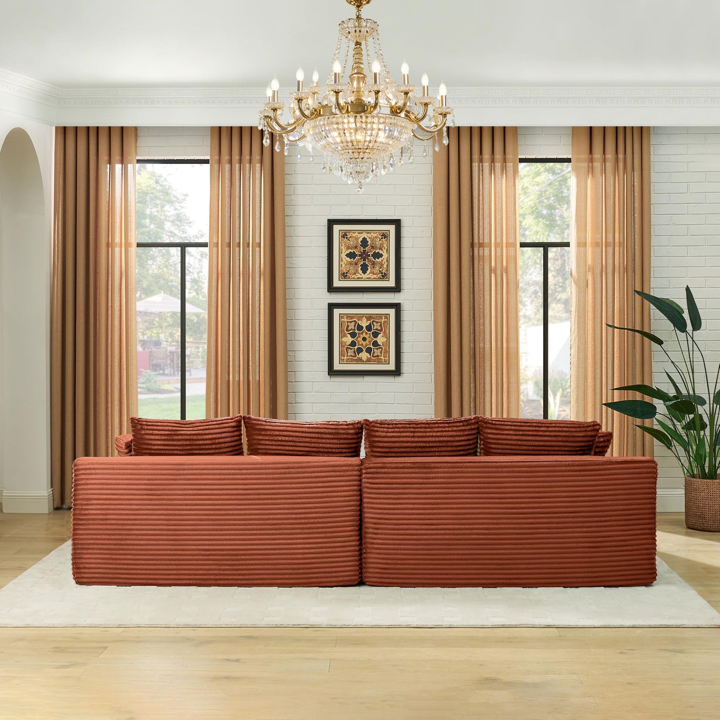 115" U-Shaped Cloud Sectional Couch, Front Facing Modular Compressed Boneless Sectional Sofa with Chaise Lounges, Plush Corduroy Boneless Symmetrical Sofa for Living Room