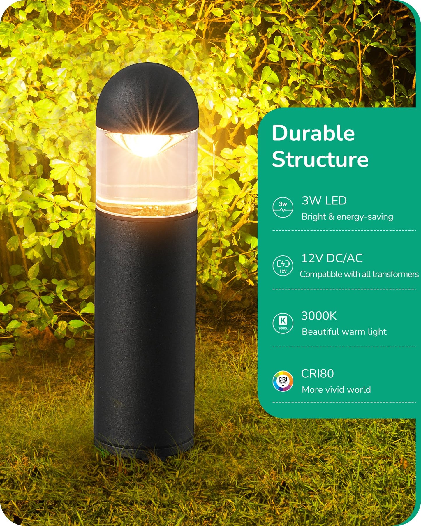 EDISHINE Low Voltage Landscape Lighting, 12V 3W, 3000K Warm White, Waterproof Electric Bollard Lights, Black, Model LNX1501LX-01