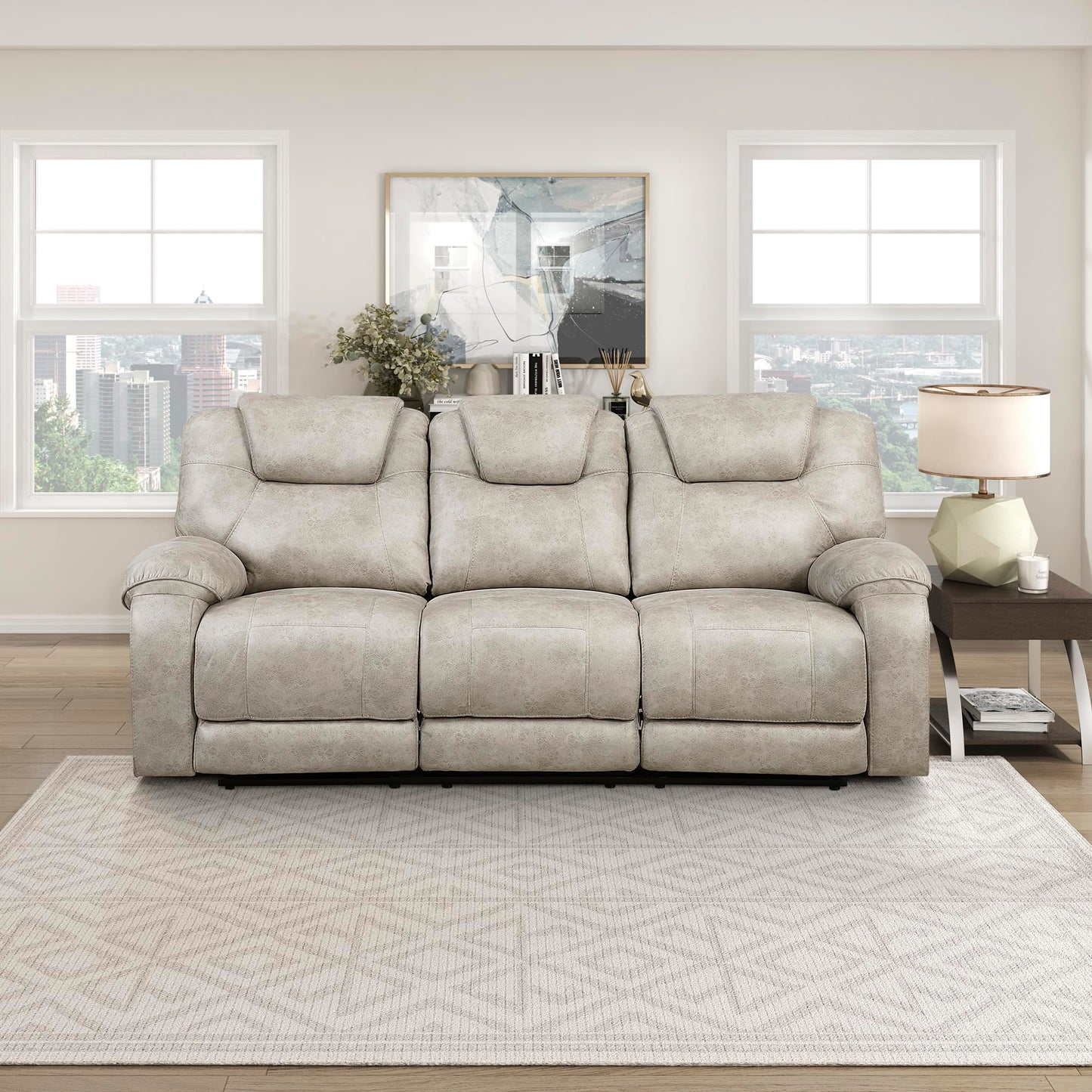 Lexicon Manual Double Reclining Sofa, Polished Microfiber Wall Hugger 3 Seater Manual Tab Pull Sofa Recliner for Living Room, Pillow Top Armrest, Padded Headrest, Easy Assembly, Pewter