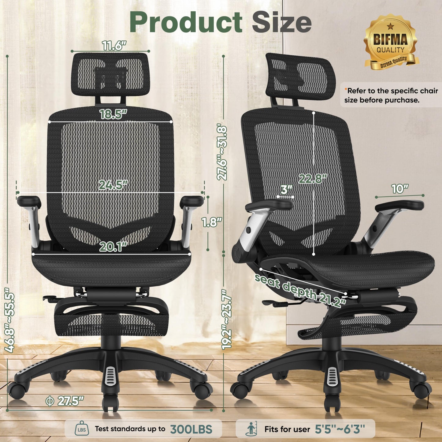 GABRYLLY Office Chair with Footrest, Ergonomic Desk Chair - 135° Recline Wide, 45° Flip-Up Arms,3D Headrest & Mesh Seat, High Back Home Gaming Chair for Adult Man Woman, 300LBS