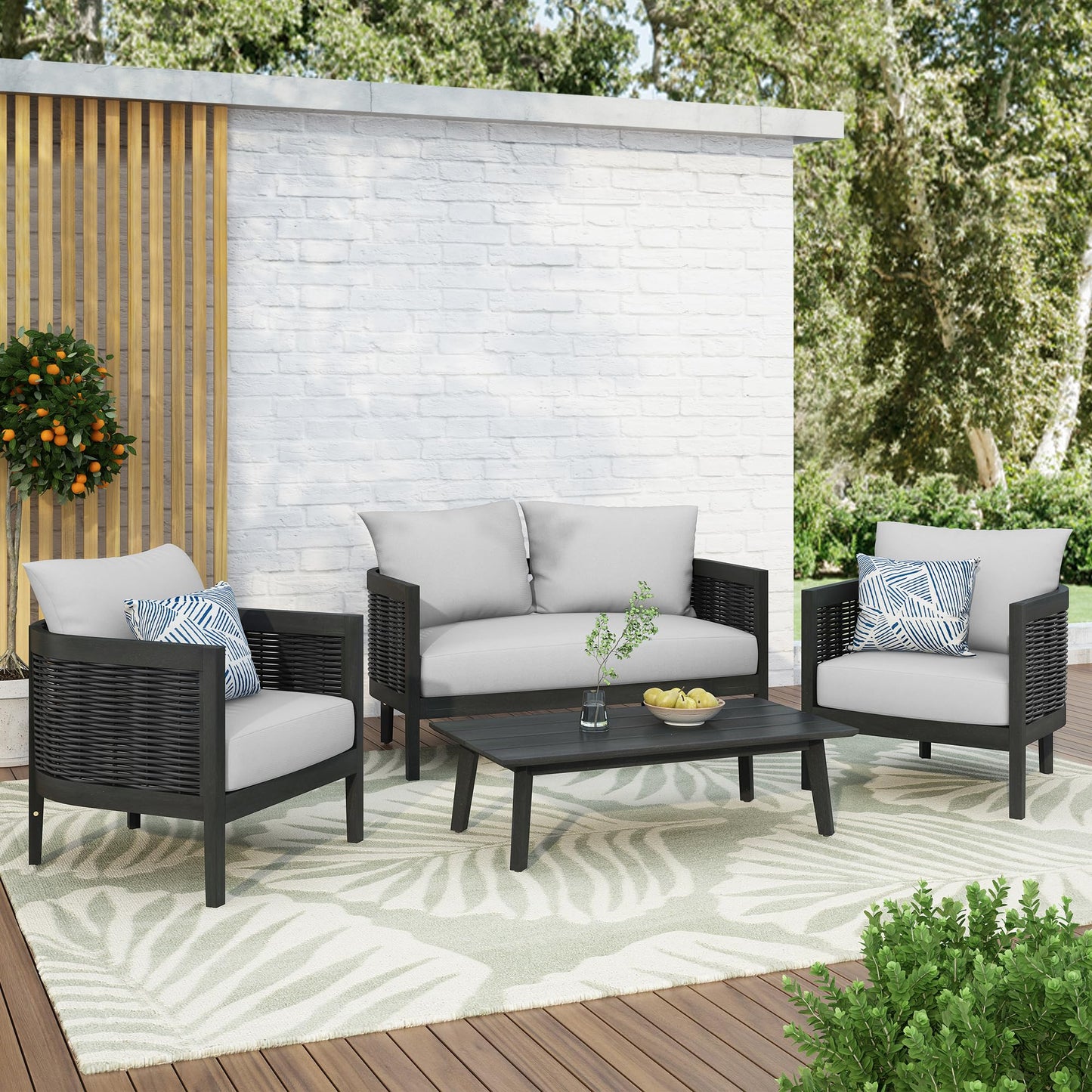 Christopher Knight Home Peron Patio 4-Seater Conversation Set, Sofa/Loveseat, 2 Club Chairs, Coffee Table, Cushion+Back Pillows, Acacia Wood+Wicker, Garden, Backyard, Poolside, Black + Light Grey