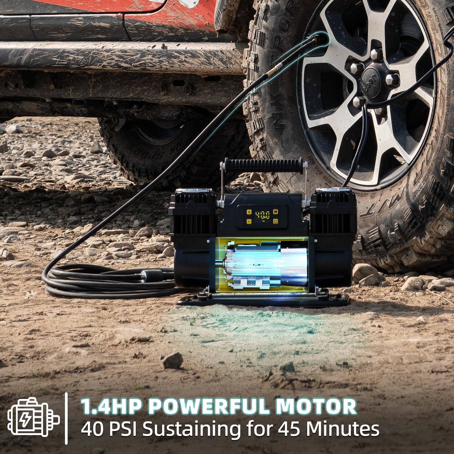SAMOUT 12V Digital Air Compressor, Offroad Portable Inflator 12.3 CFM, Air Pump Max 150PSI for Heavy-Duty Tires, with LCD Control Panel to Preset Target Pressure, 4x4 Vehicle, SUV, RV