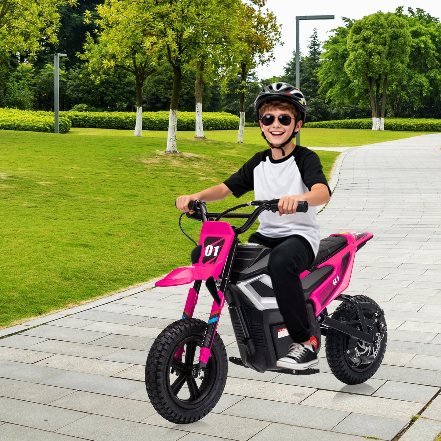 350W 24V Electric Motorcycle for Kids – Mini Dirt Bike with 13.67 MPH Top Speed, 12-Mile Range, Rear Suspension, Twist Grip Throttle, Music, and Comfortable Leather Seat