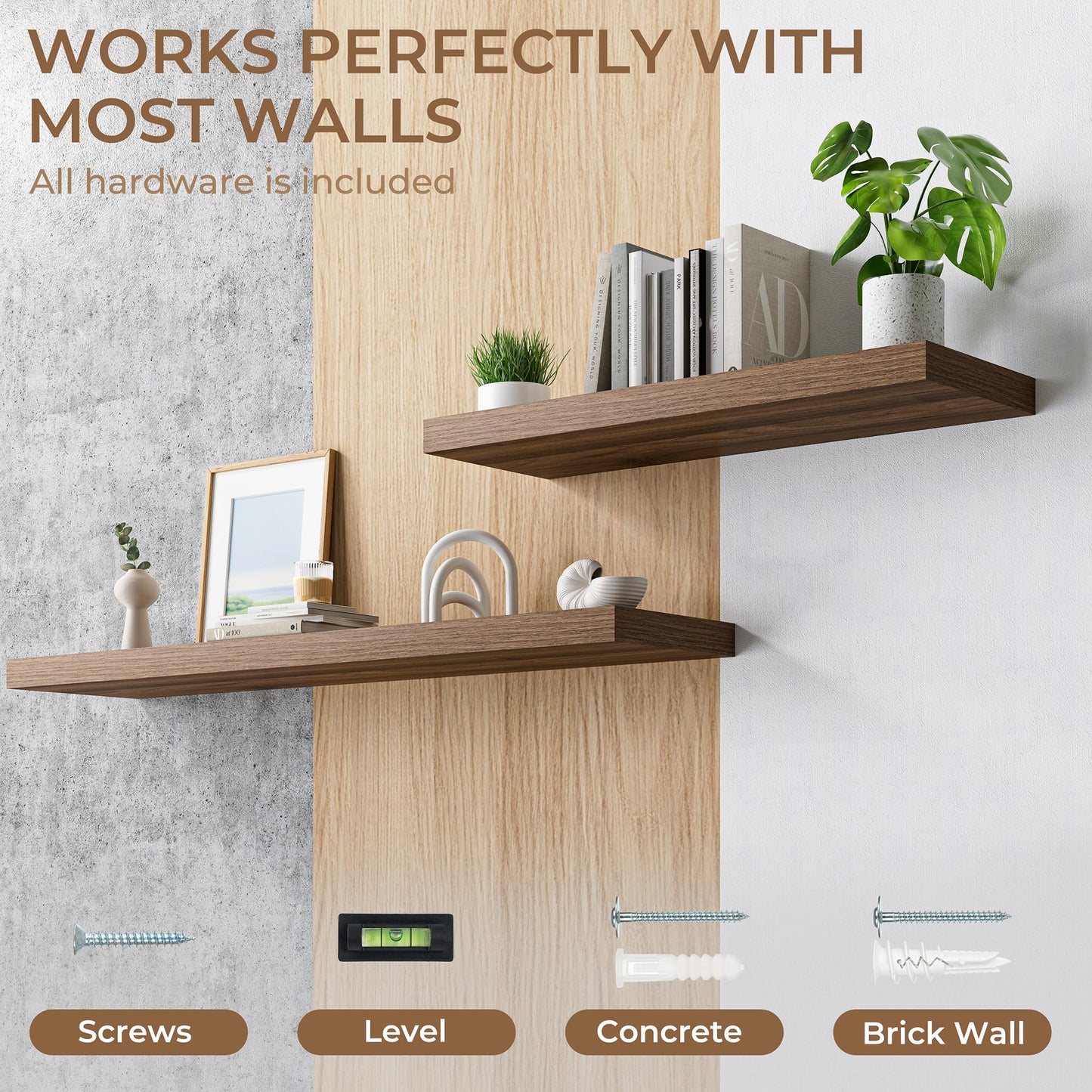 RICHFOCUS 72 Inch 12" D Floating Shelves for Wall 2 Pack Long Wall Shelves for Room Wall|Large Wood Hanging Shelf with Invisible Brackets for Bathroom Bedroom Kitchen Laundry Room, Walnut