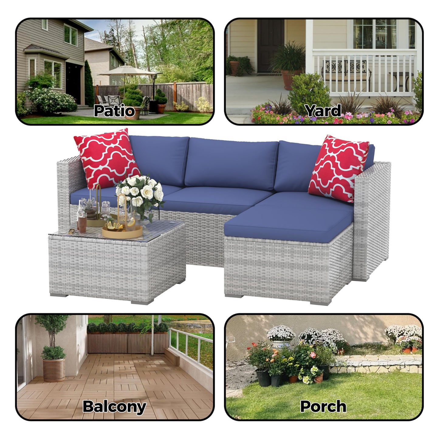 5 Piece Outdoor Patio Furniture Set, Rattan Deck Conversation Sofa Set with Non-Slip Cushions, All-Weather Sectional Sofa with Glass Storage Table and Balcony Footstool, Poolside, Garden, Porch, Gray