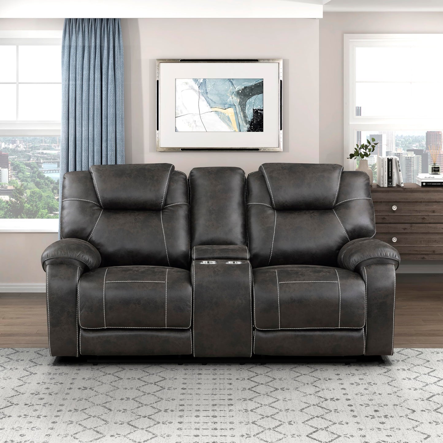 Lexicon Manual Double Reclining Loveseat, Polished Microfiber Manual Wall Hugger Loveseat Recliner for Living Room, Center Storage Console/Cup Holders/Pillow Top Arm, Easy Assembly, Chocolate
