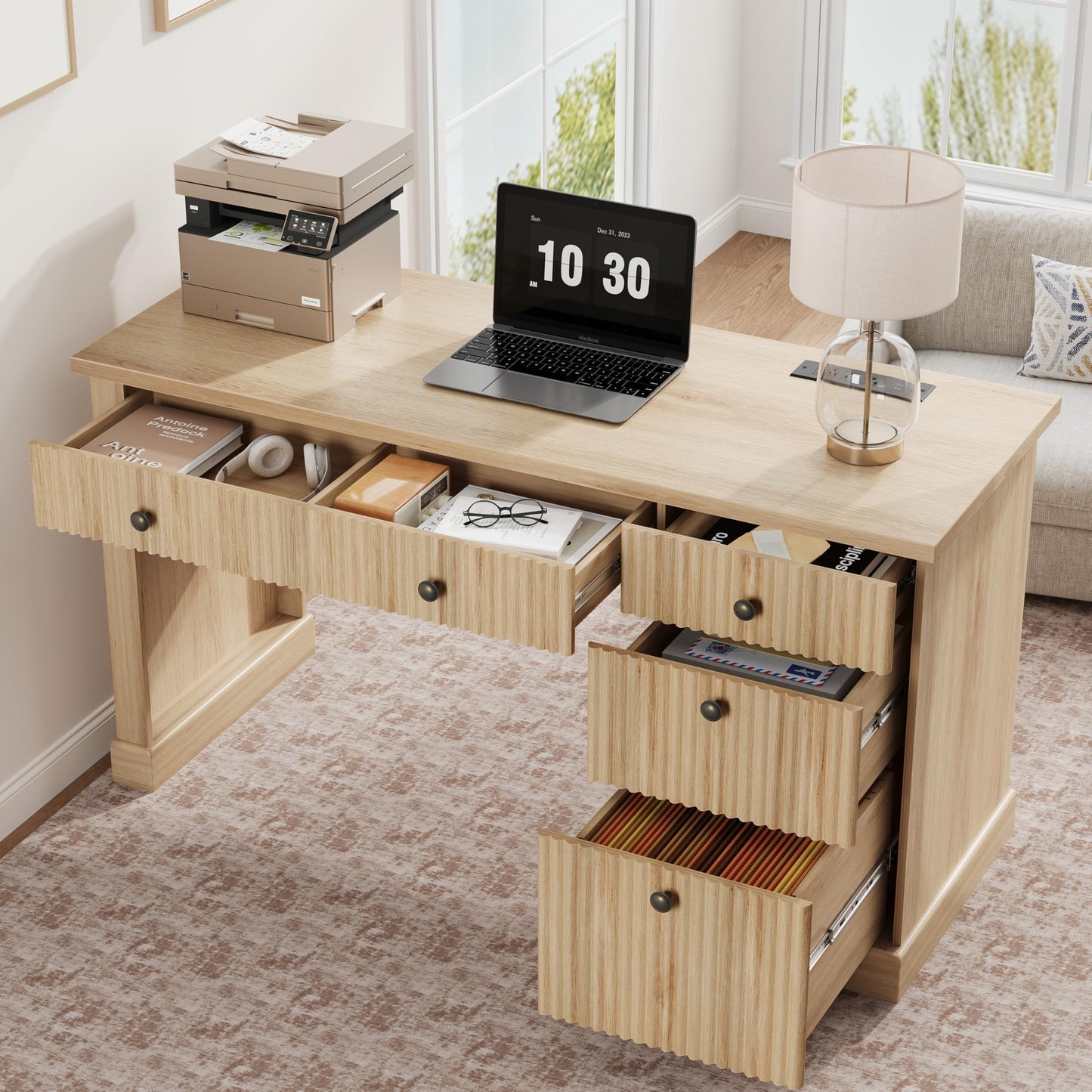 COZONY 54" Home Office Computer Desk with Drawers, Fluted Executive Desk with File Cabinet & Charging Station, Modern Wooden Writing Study Workstation for Study Room