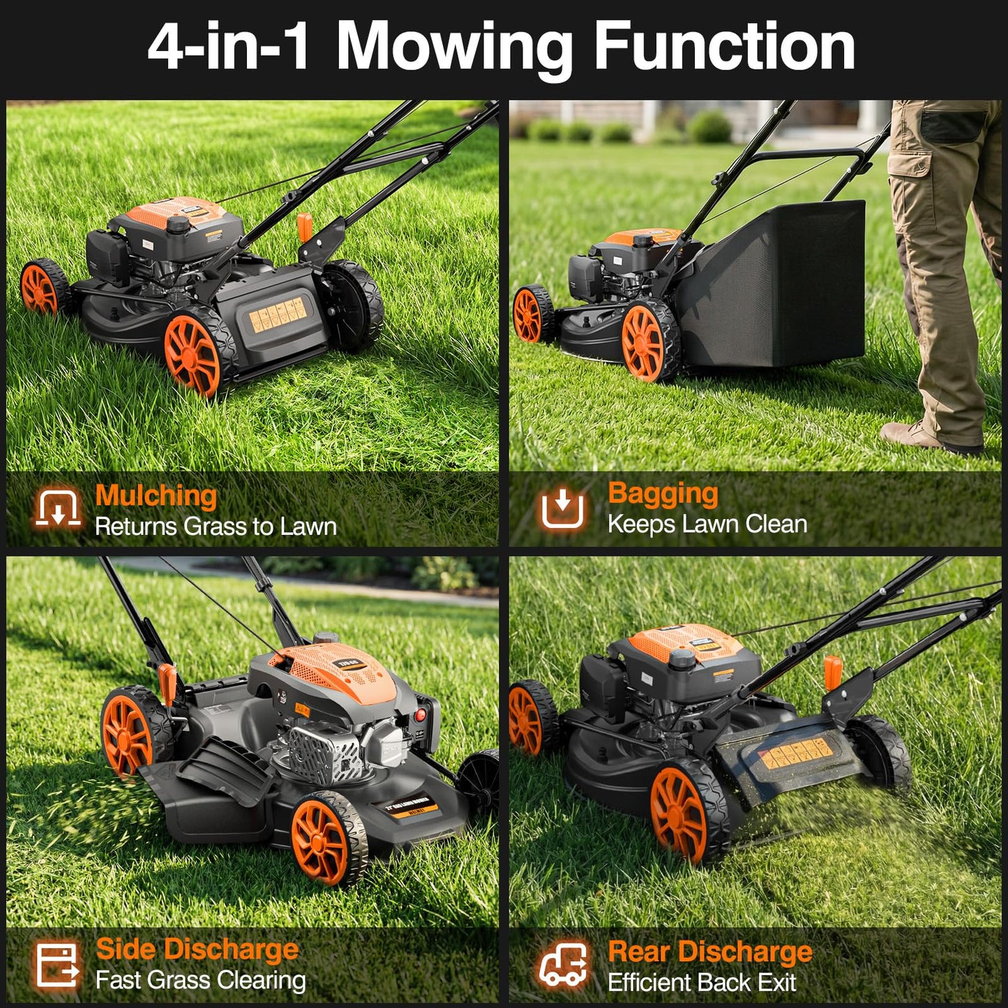 21” Self Propelled Lawn Mower Gas, 170CC 4-IN-1 Mulch/Rear Bag/Side Discharge/Rear Discharge, Walk-Behind Gas Lawnmower with 7-Position Cutting Height, Foldable Gas Powered Lawn Mowers for Lawn Garden