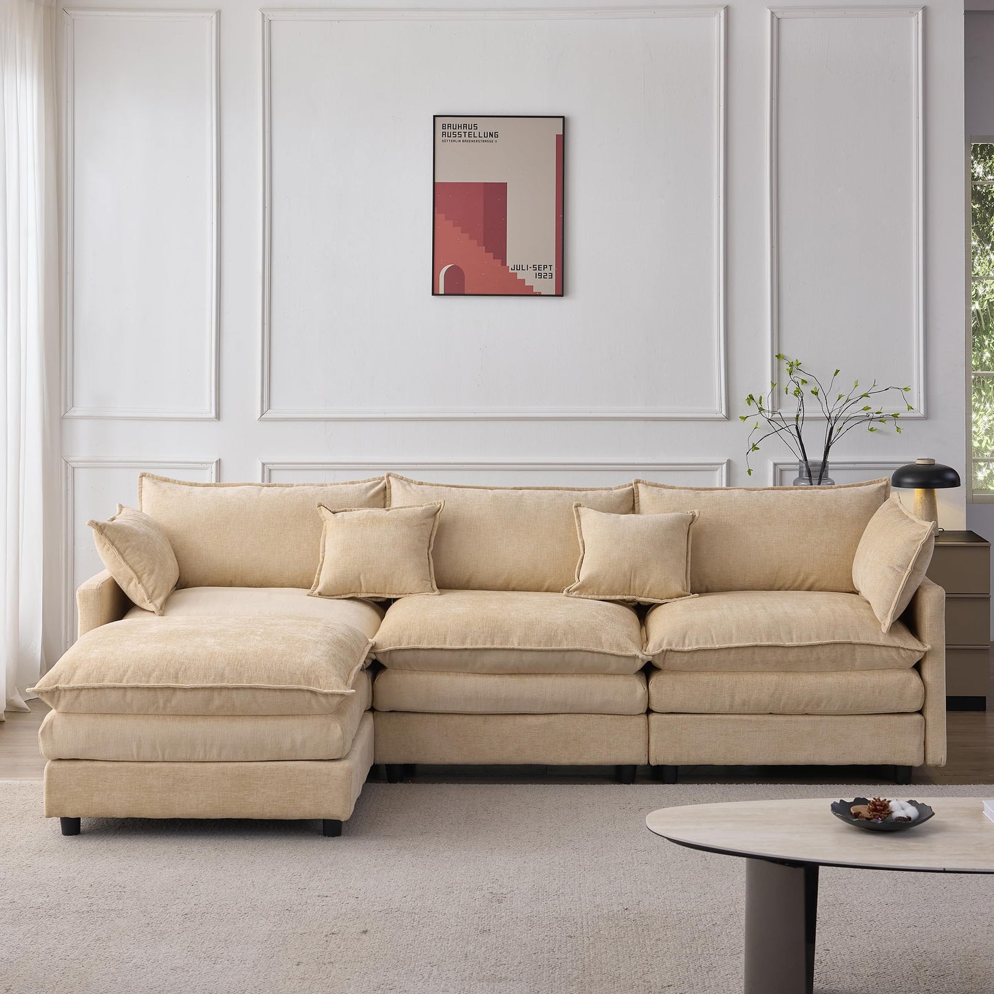 KEIKI 3 Seater Chenille Modular Sectional Couch Sofa with Ottoman, Double-Layer Seat Cushions & Back Cushions, Modern L-Shape Upholstered Cloud Soft Sofa Couches Chaise Lounge for Living Room