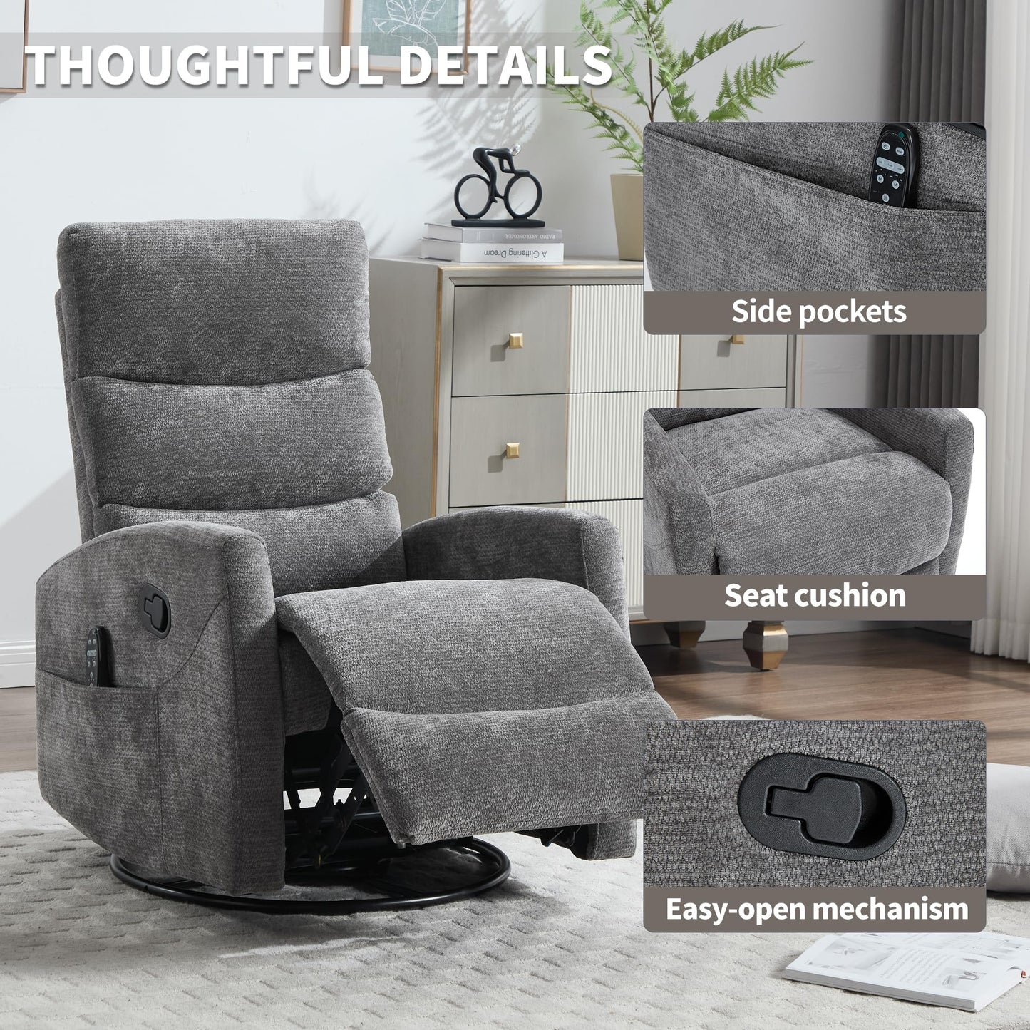 KEIKI 4-in-1 Manual Swivel Rocker Recliner Chair for Home Living Room, Chenille Chair with Back Massager & Heat, Home Theater Seating with Lumbar Support, Cozy Small Bedroom Chairs for Adults, Grey