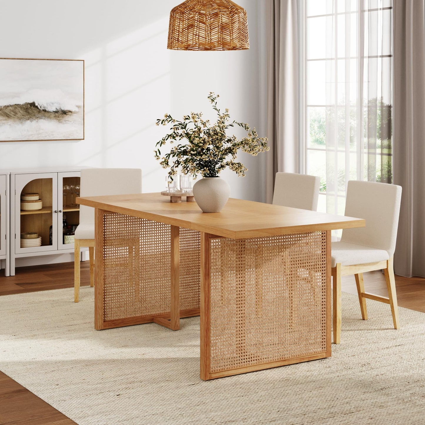 Nathan James Willow Boho Dining Table for 6 with Solid Wood Legs, 6-Person Natural Wood Dining Table, Warm Pine or Brown with Bohemian Rattan Accent