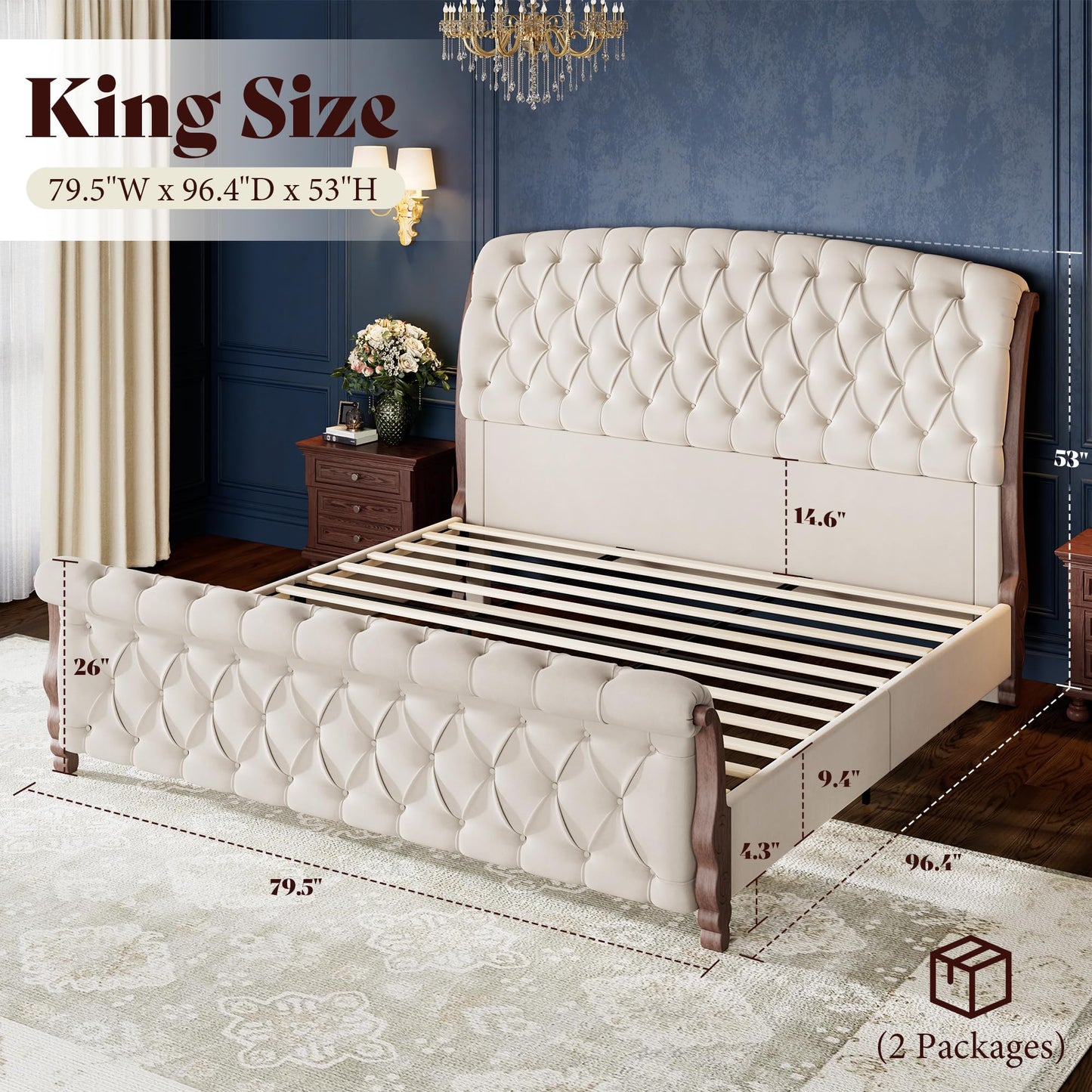 AMERLIFE Upholstered King Bed Frame, 53" Tall Sleigh Bed with Button Tufted Chenille Headboard and Footboard, Platform Bed with Carved Solid Wood Legs, No Box Spring Needed, Cream