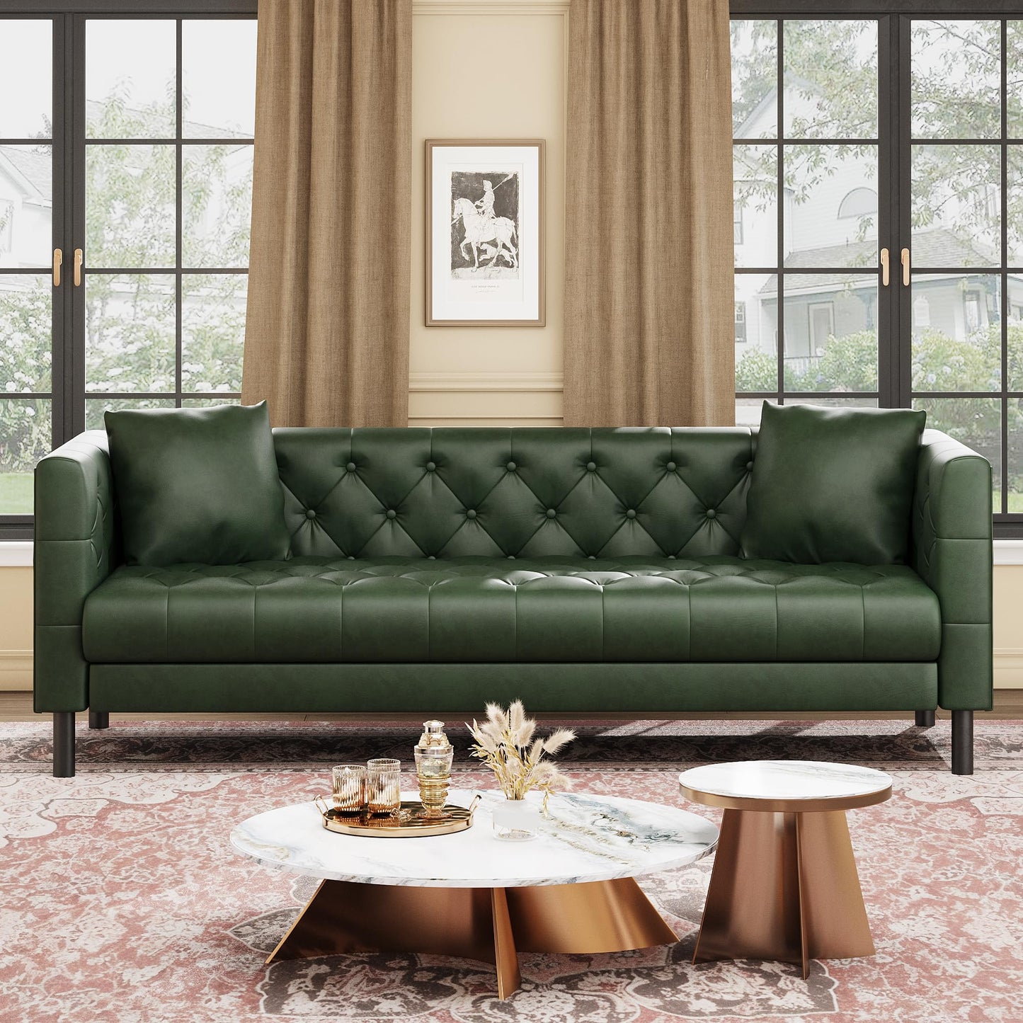 Garvee 81 in Leather Couch for Living Room, Modern Leather Sofa with Deep Seat, Handmade Button Tufted 3 Seater Sofa, Chesterfield Couch for Apartment or Office, Black, Green