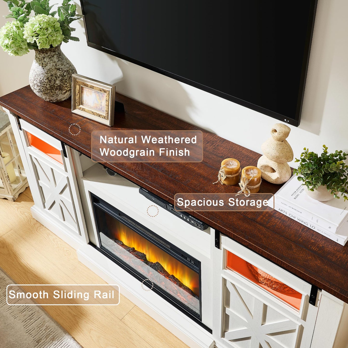 Unineo Fireplace TV Stand for up to 80 Inch TVs, 32’’ Tall LED Entertainment Center with Electric Fireplace, Farmhouse TV Console Table w/Sliding Barn Door & Window for Living Room, Antique White