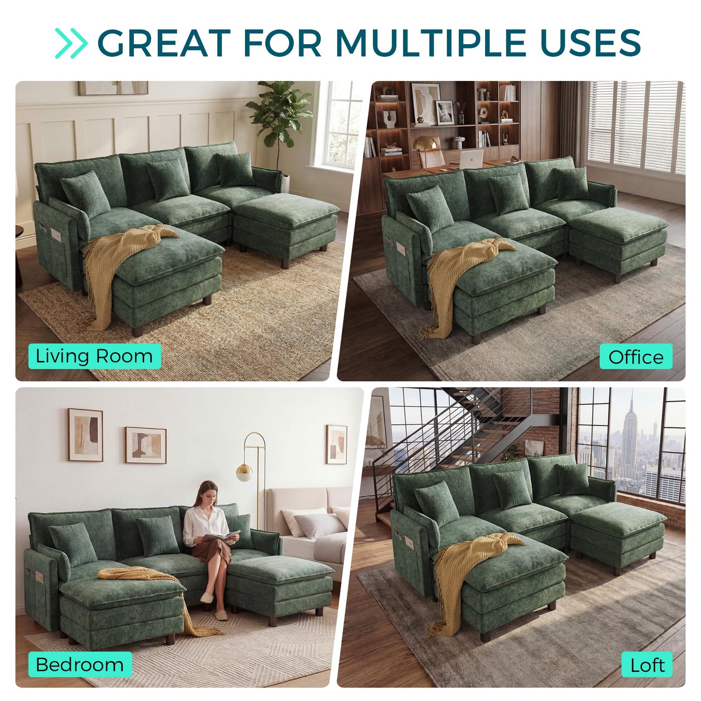 LINSY HOME 98'' Modular Sectional Sofa 3 Seat Couch Chenille Cloud Couch with Deep Seat, U Shaped Couch with 2 Movable Ottoman for Living Room, Office, Bedroom, Green(Pillows Included)