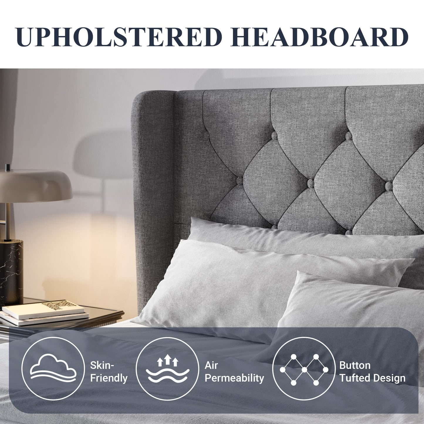 Allewie King Size Upholstered Platform Bed Frame with Wingback and Button Tufted Headboard for Reading, Strong Wood Slat Support, Modern Design, Easy Assembly, Light Grey