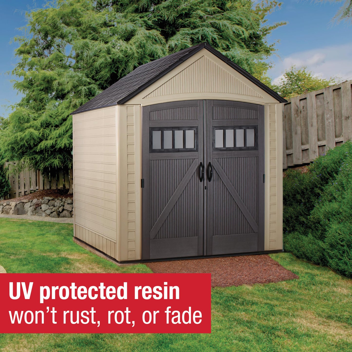 Rubbermaid Resin Outdoor Storage Shed with Floor (7 x 7 Ft) Weather Resistant, Brown Gable, Organization for Home/Backyard/Garden Tools/Lawn Mower/Bike Storage/Pool Supplies