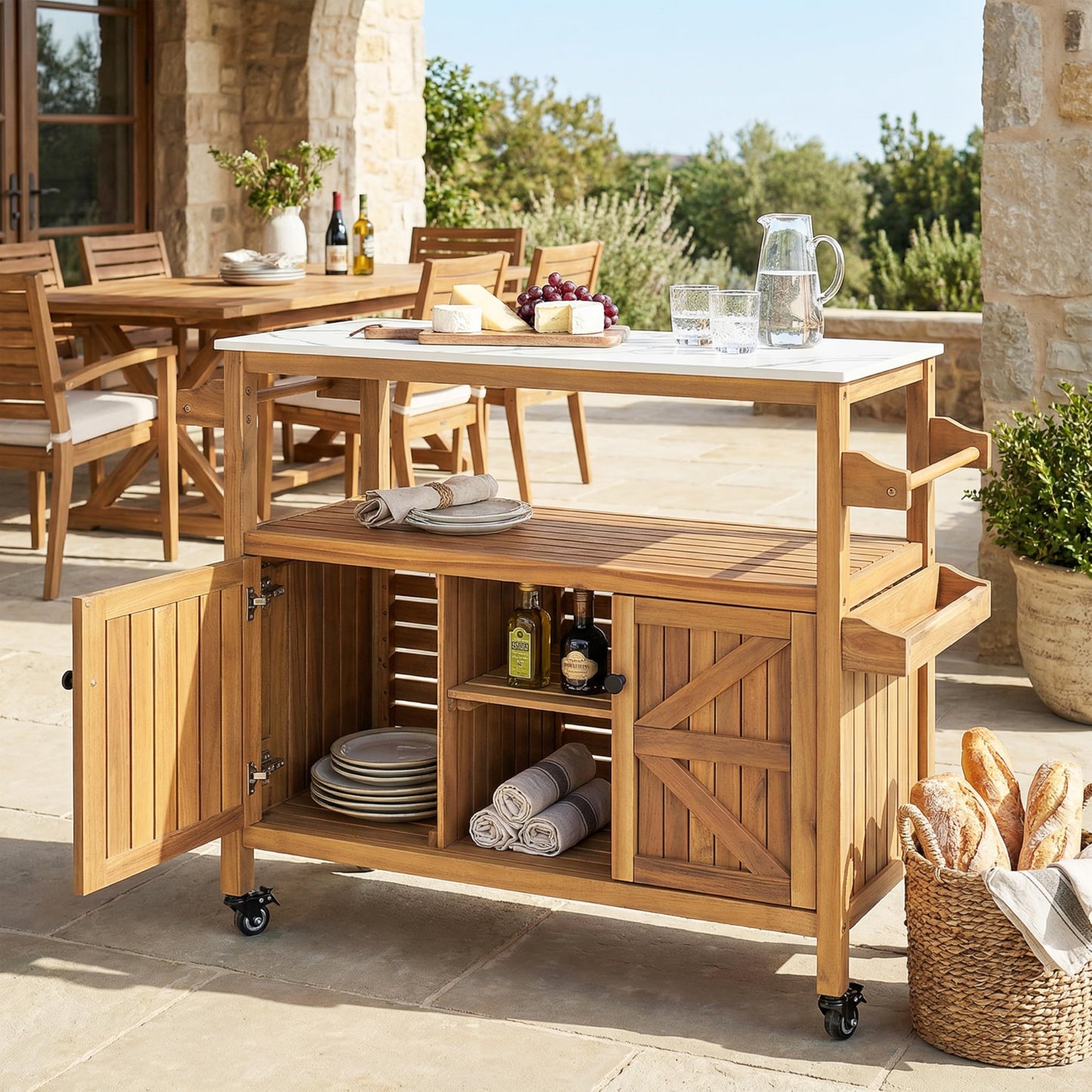 Christopher Knight Home Shina Outdoor Bar Cart with Marble-Effect Top + Lockable Wheels, Acacia Wood Outdoor Storage Cabinet with Open Shelves and 2 Doors, Kitchen Island Serving Cart, Natural
