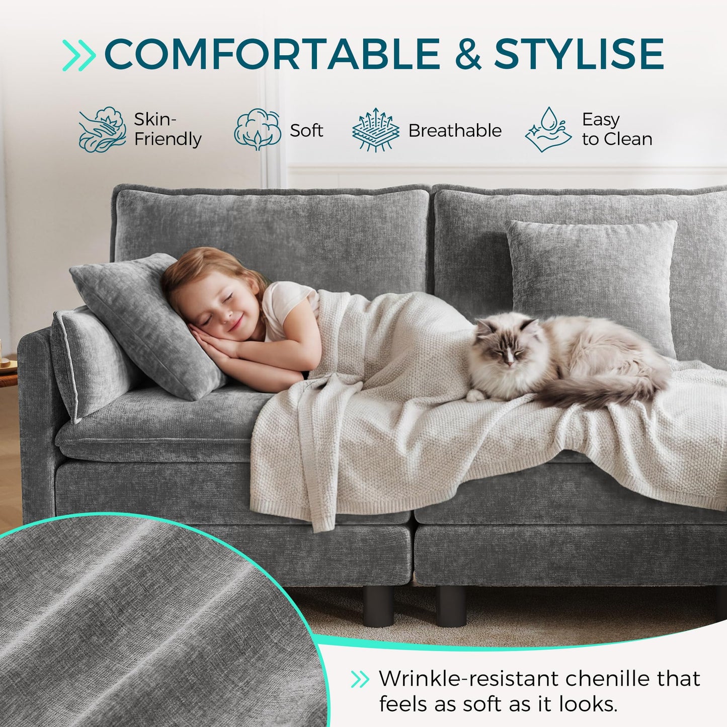 LINSY HOME 98'' Modular Sectional Sofa 3 Seat Couch Chenille Cloud Couch with Deep Seat, U Shaped Couch with 2 Movable Ottoman for Living Room, Office, Bedroom, Grey(Pillows Included)