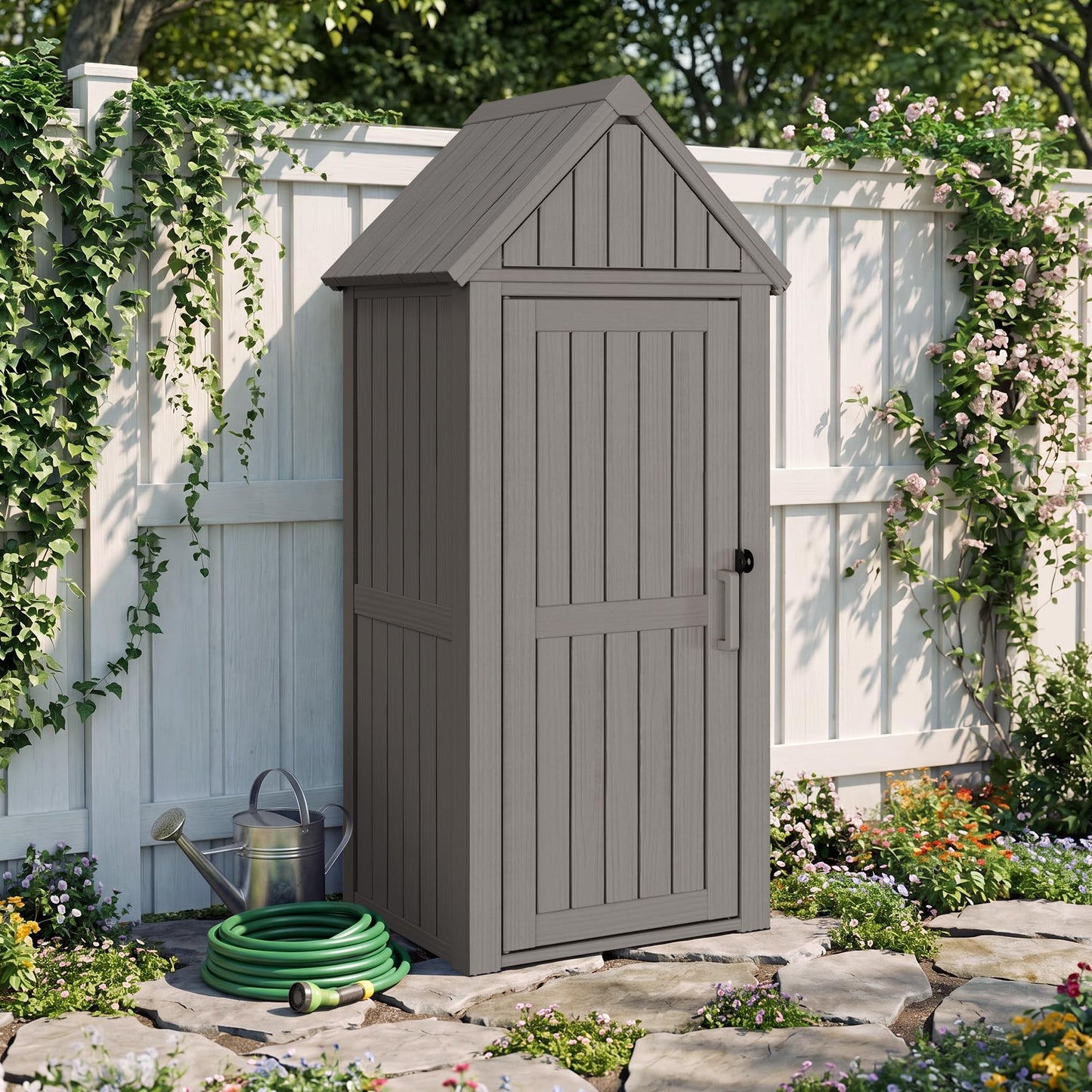 Bifanuo Deck Box Storage Shed Outdoor Storage Cabinet, Vertical Waterproof Resin Material Plastic Shed with Removable Shelves, 12 Hooks and Lock Ring for Garden, Pool and Patio (Classic Grey)