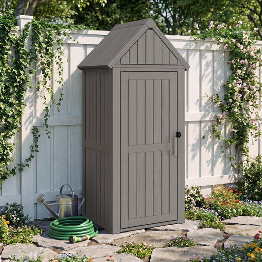 Bifanuo Deck Box Storage Shed Outdoor Storage Cabinet, Vertical Waterproof Resin Material Plastic Shed with Removable Shelves, 12 Hooks and Lock Ring for Garden, Pool and Patio (Classic Grey)